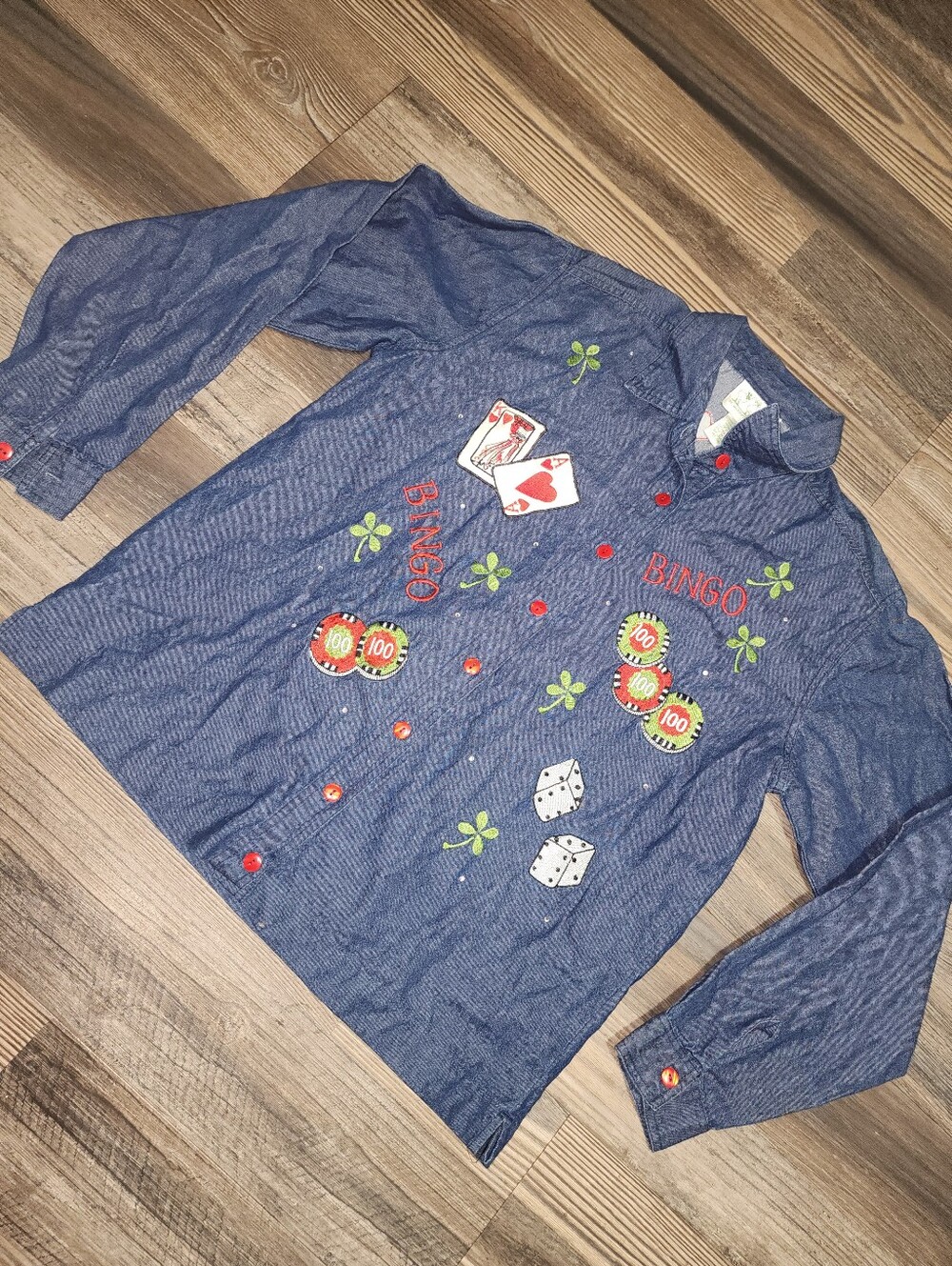 Quaker Factory Long Sleeve Button Down Shirt Denim Med Bingo Cards Gamble Fun